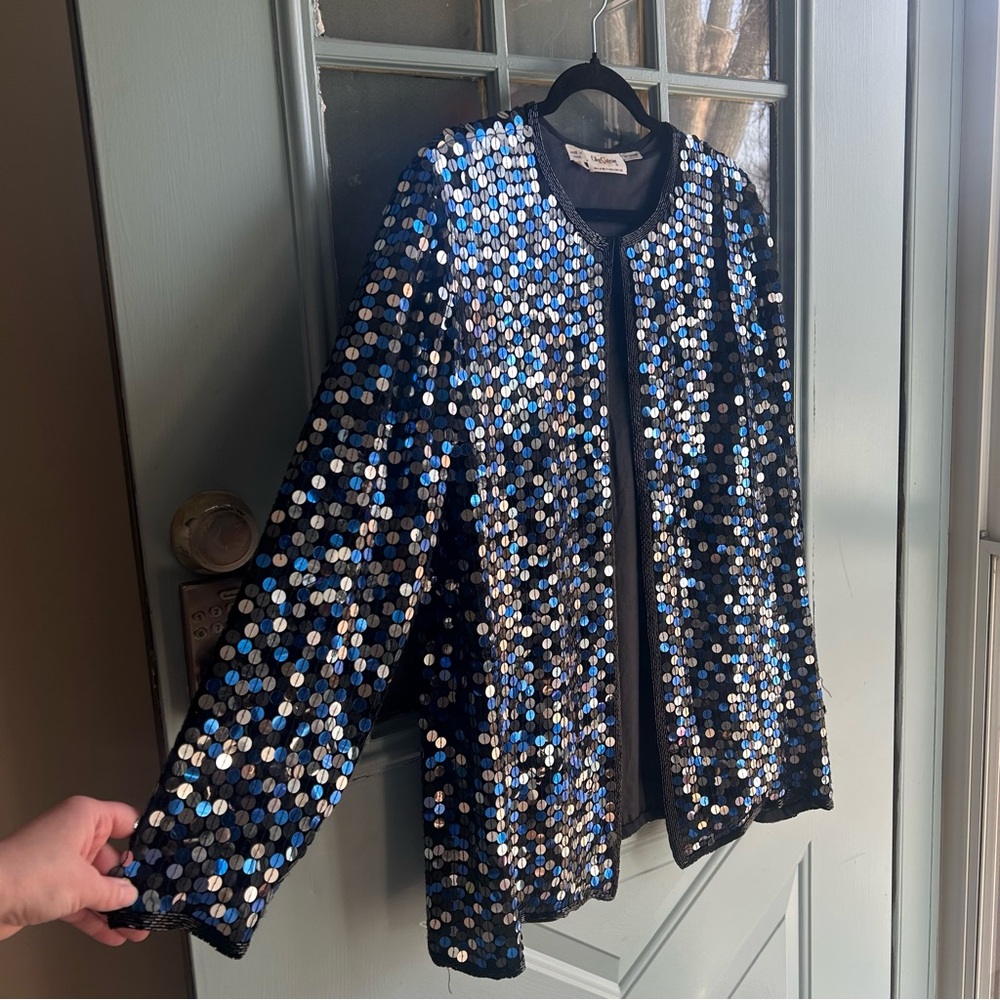 Vintage Sequin Beaded 100% Silk Oversized Jacket Oleg Cassini Silver & Blue L - Picture 2 of 12